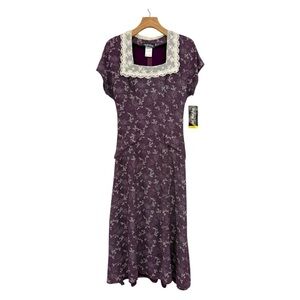 All That Jazz Vintage Floral Prairie Cottagecore Lace Neck Midi Dress Size 11/12